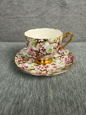Shelley Fine Bone China Maytime Chintz Ripon Shape Teacup & Saucer Gold Trim